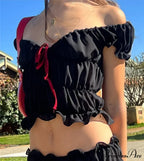 Ruched Short Sleeve Bow Graceful Top And Mini Skirt Set image 7