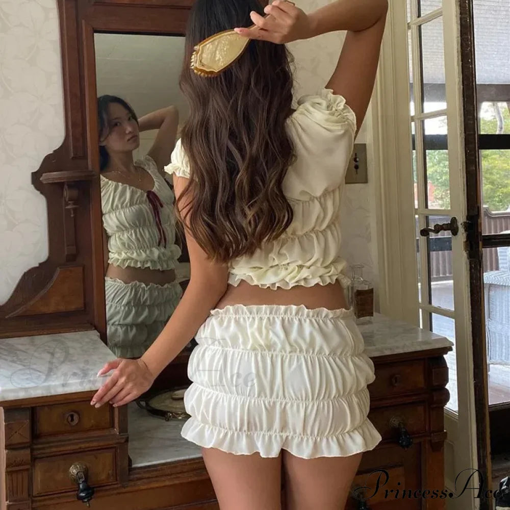 Ruched Short Sleeve Bow Graceful Top And Mini Skirt Set image 3