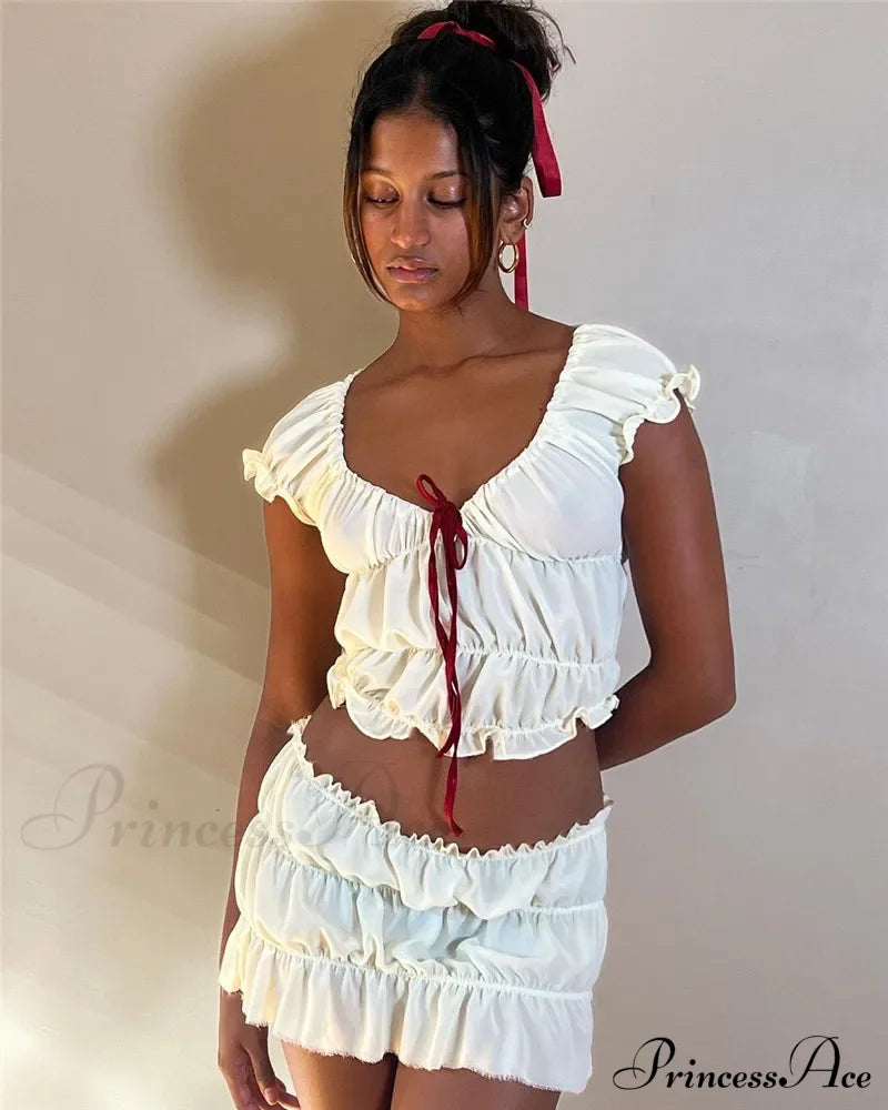 Ruched Short Sleeve Bow Graceful Top And Mini Skirt Set image 8