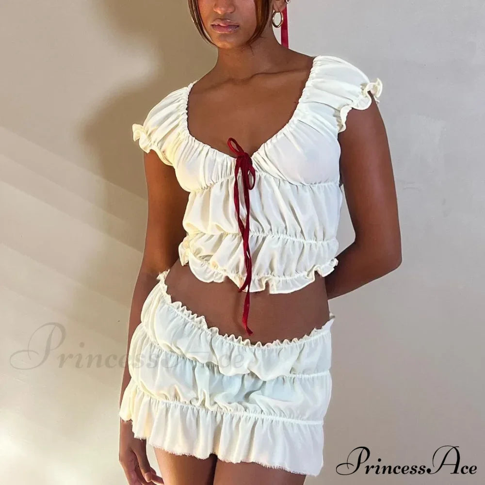 Ruched Short Sleeve Bow Graceful Top And Mini Skirt Set image 1