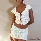 Ruched Short Sleeve Bow Graceful Top And Mini Skirt Set image 1