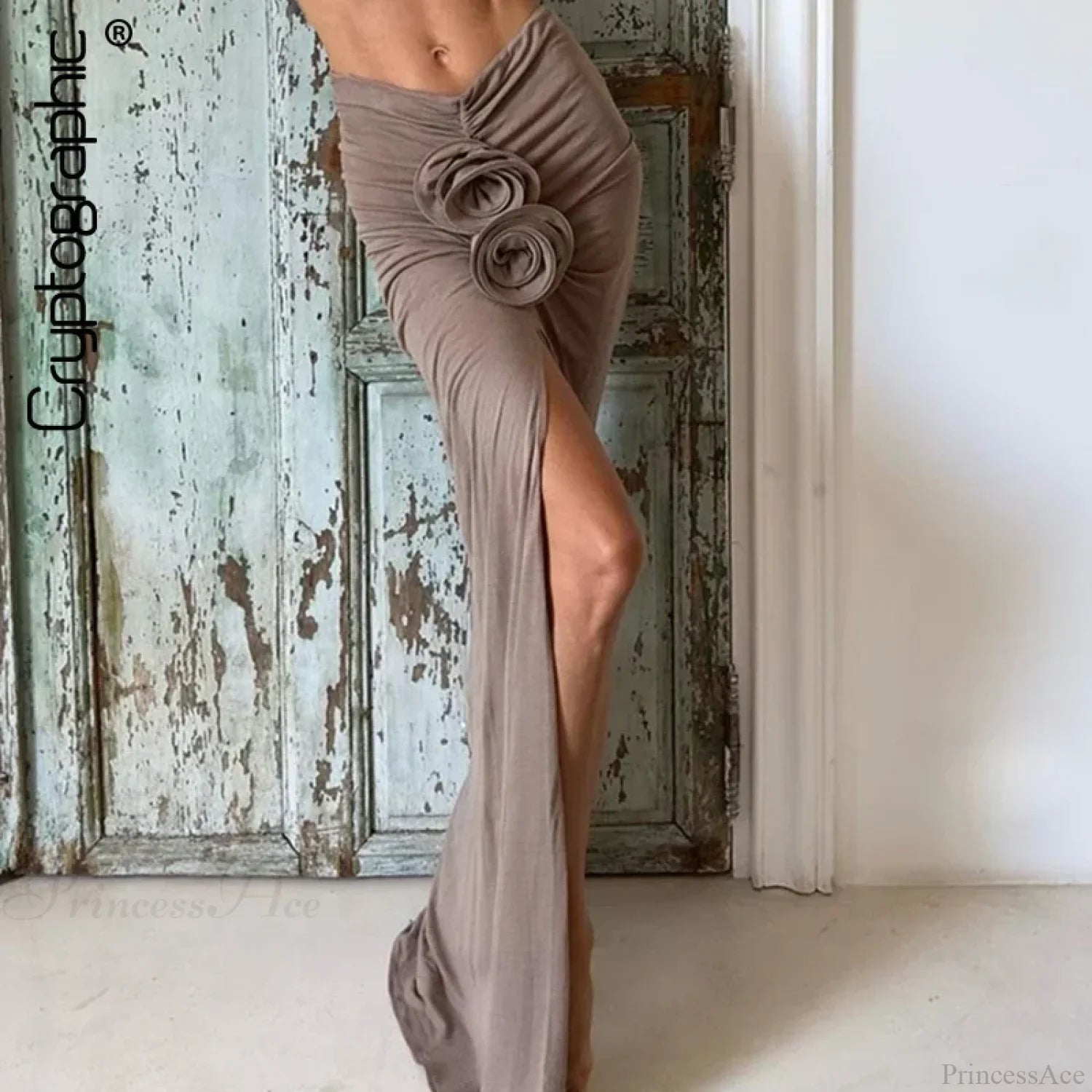 Ruched Split Floral Applique Maxi Skirt image 1