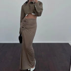 Ruched Split Floral Applique Maxi Skirt image 3