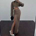 Ruched Split Floral Applique Maxi Skirt image 2