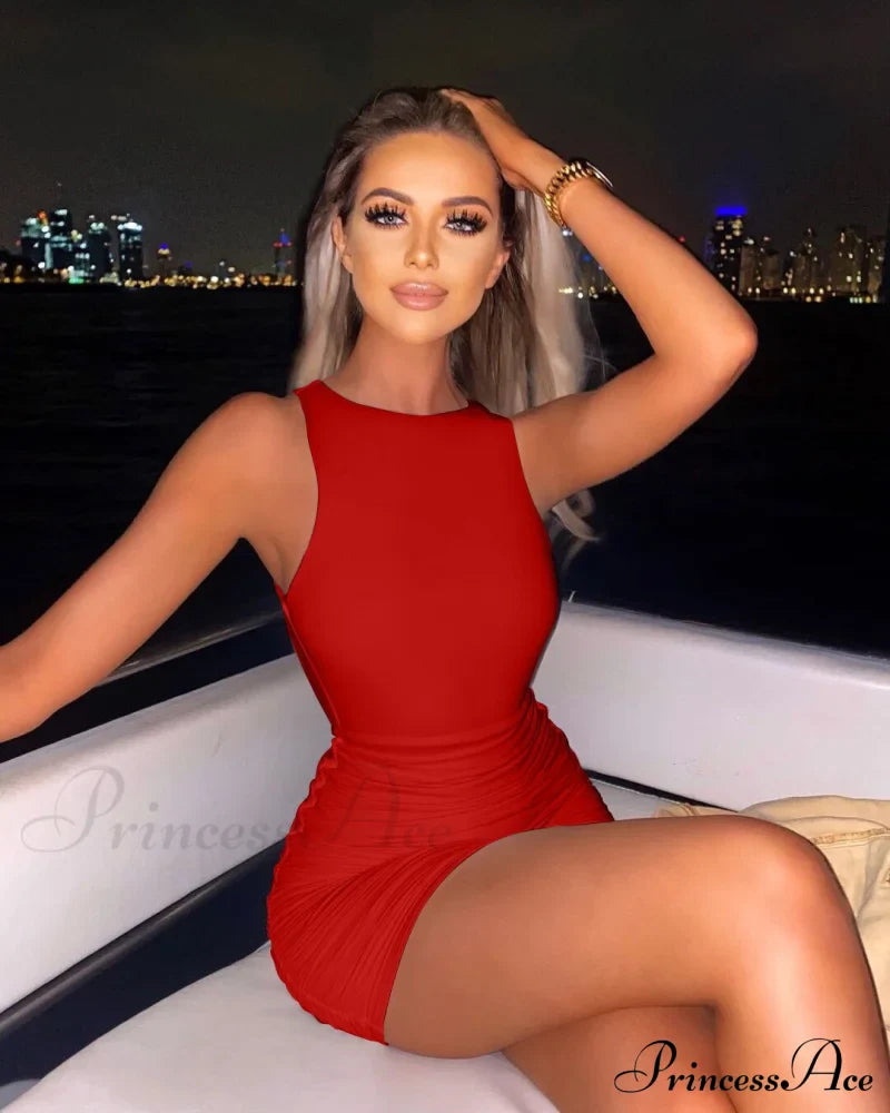 Ruched Tank Sexy Bodycon Backless Lady Black O-Neck Hollow Gown Dresses White Sleeveless Out Party Mini Gown Women Summer image 3