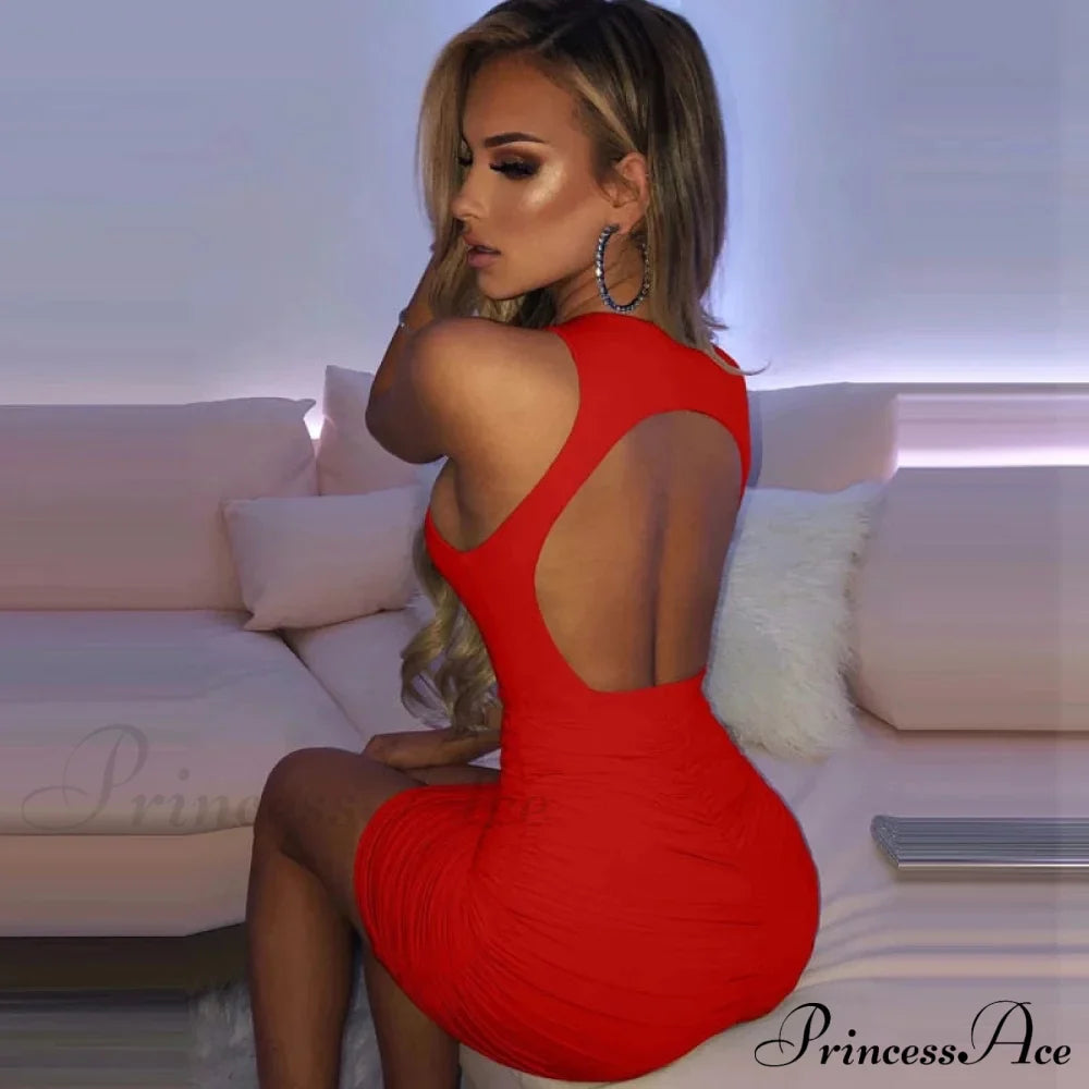 Ruched Tank Sexy Bodycon Backless Lady Black O-Neck Hollow Gown Dresses White Sleeveless Out Party Mini Gown Women Summer image 1