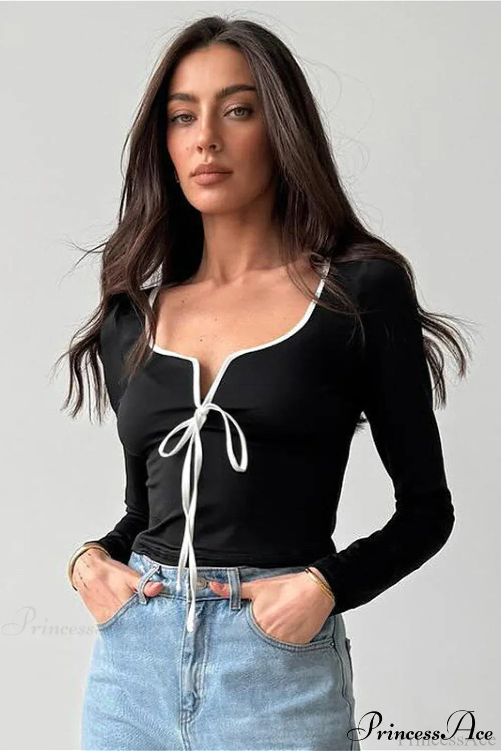 Ruched Tie Front Cropped Long Sleeve Tee image 1
