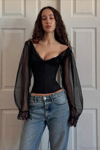 Ruched V-neck Puff Sleeve Slim Long Sleeve Tee image 1