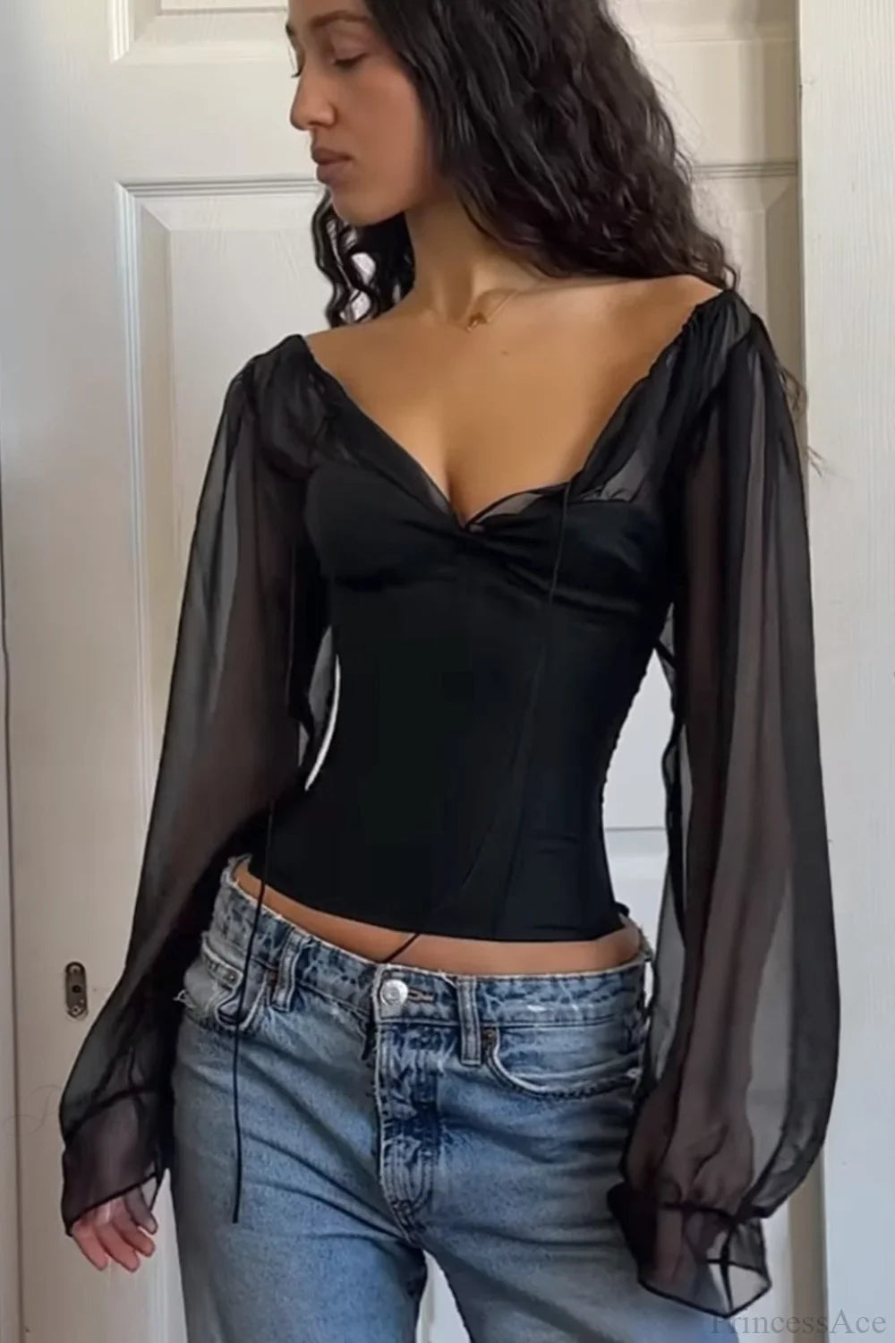 Ruched V-neck Puff Sleeve Slim Long Sleeve Tee image 3