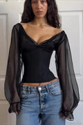 Ruched V-neck Puff Sleeve Slim Long Sleeve Tee image 2
