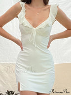 Ruffle Bow Tie White Sexy Backless Split Mini Dress image 4