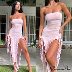 Ruffle Fringe Double Charming Slit Tube Midi Dress image 13