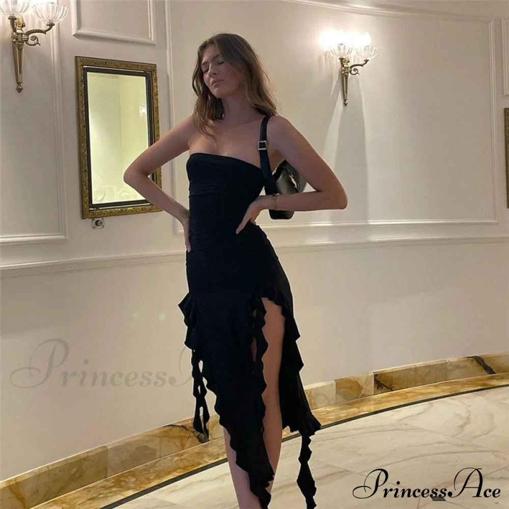 Ruffle Fringe Double Charming Slit Tube Midi Dress image 11