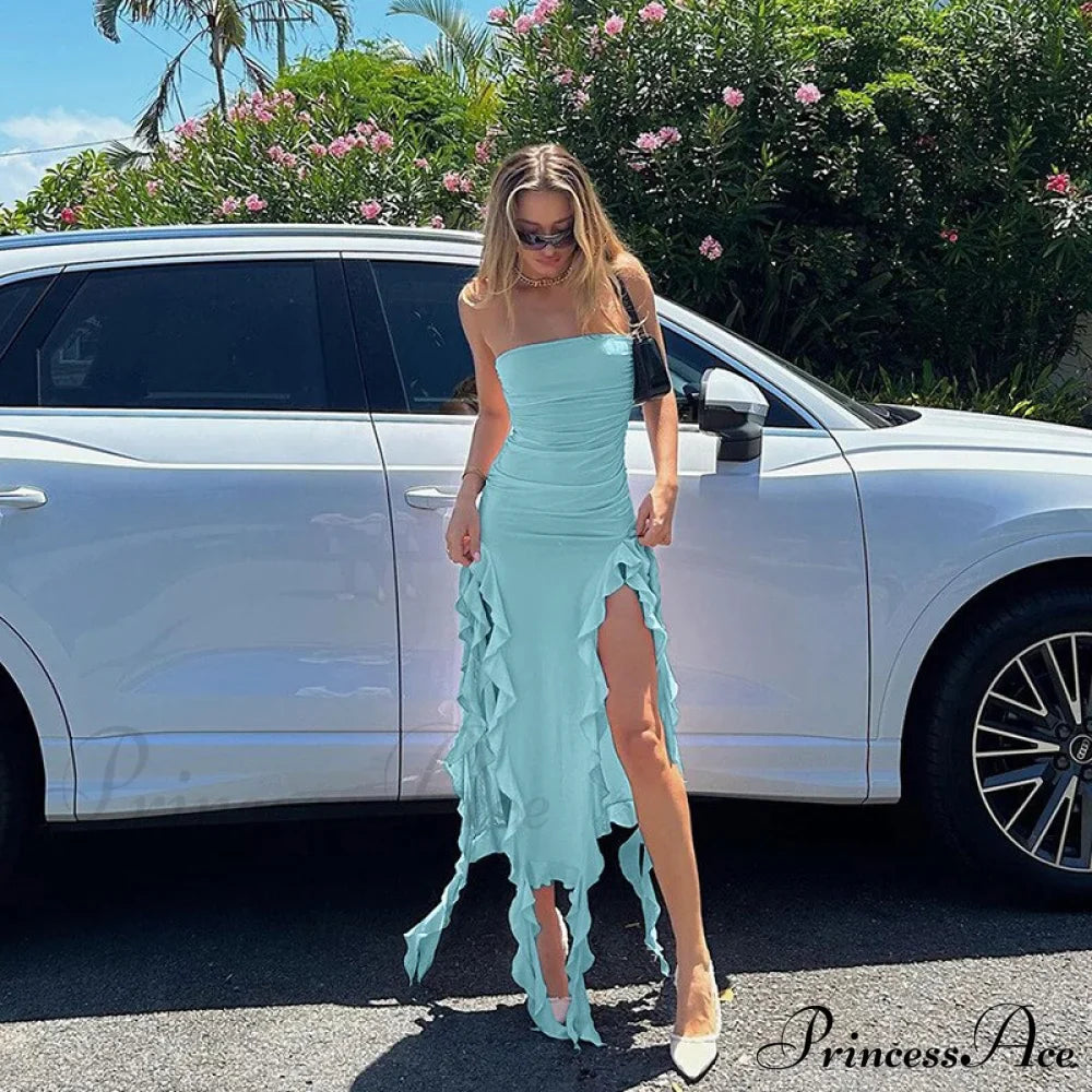Ruffle Fringe Double Charming Slit Tube Midi Dress image 22