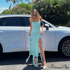 Ruffle Fringe Double Charming Slit Tube Midi Dress image 22