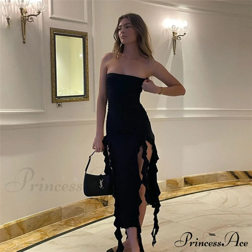 Ruffle Fringe Double Charming Slit Tube Midi Dress image 12