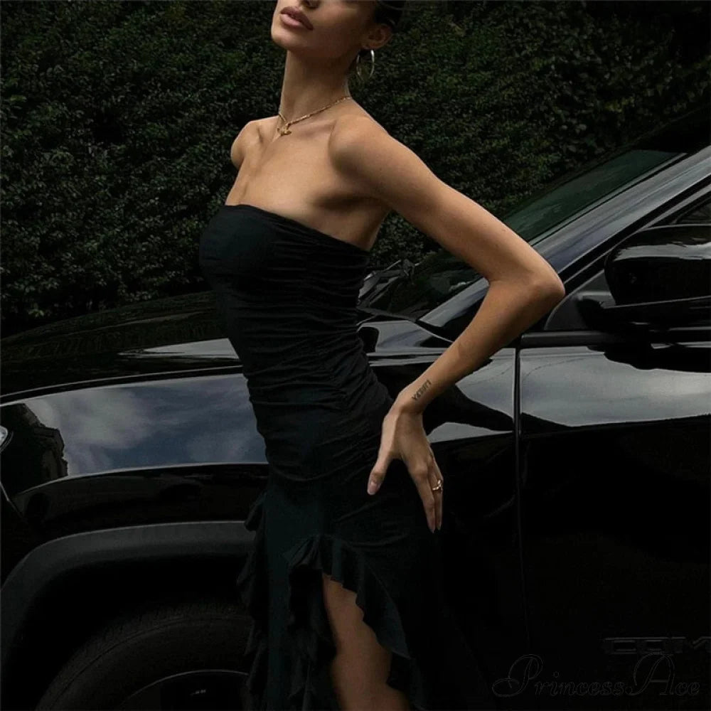 Ruffle Fringe Double Charming Slit Tube Midi Dress image 4