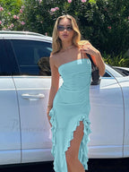 Ruffle Fringe Double Charming Slit Tube Midi Dress image 3