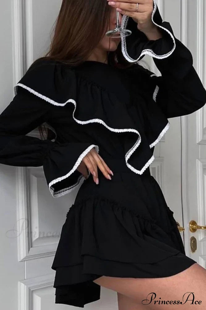 Ruffle Neck Lacework A-line Dress image 1
