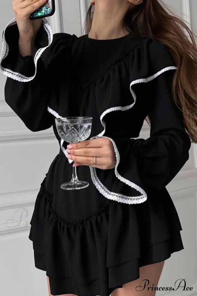 Ruffle Neck Lacework A-line Dress image 4