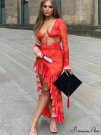 Ruffle Slit Cut Out Backless Elegant Long Sleeve Midi Dress image 4