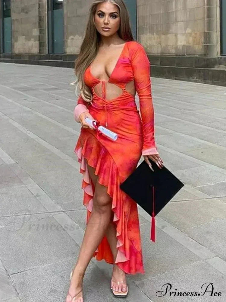 Ruffle Slit Cut Out Backless Elegant Long Sleeve Midi Dress image 4