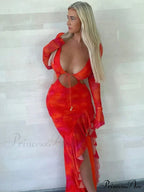 Ruffle Slit Cut Out Backless Elegant Long Sleeve Midi Dress image 3