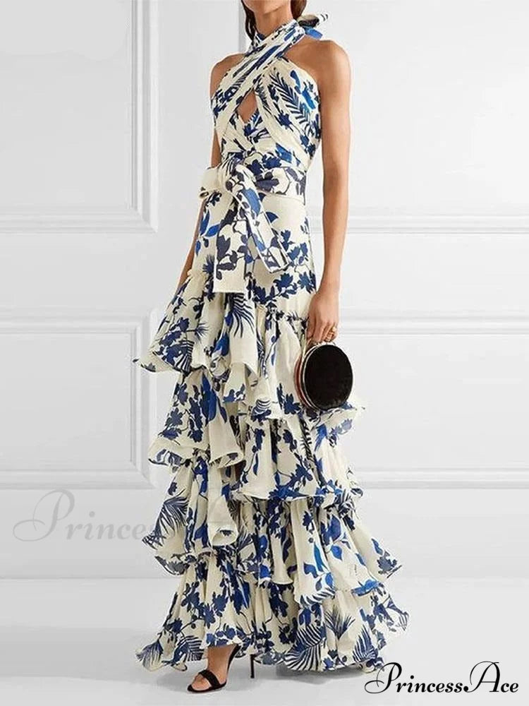 Ruffled Aesthetic Sleeveless for Women's with - Party Vestidos Neck-mounted Hem Formal Elegant Patterned Layered Evening Wear Design Dress image 1