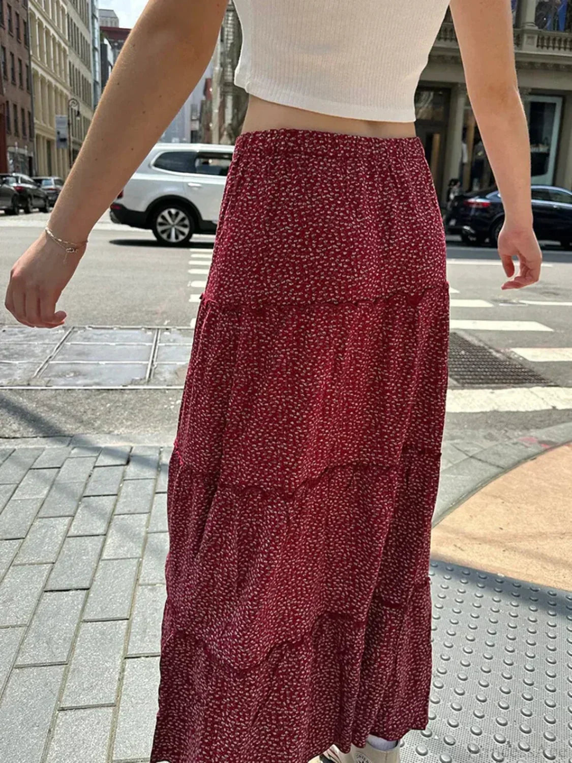 Ruffled Floral Red High Waist A-Line Skirt image 3