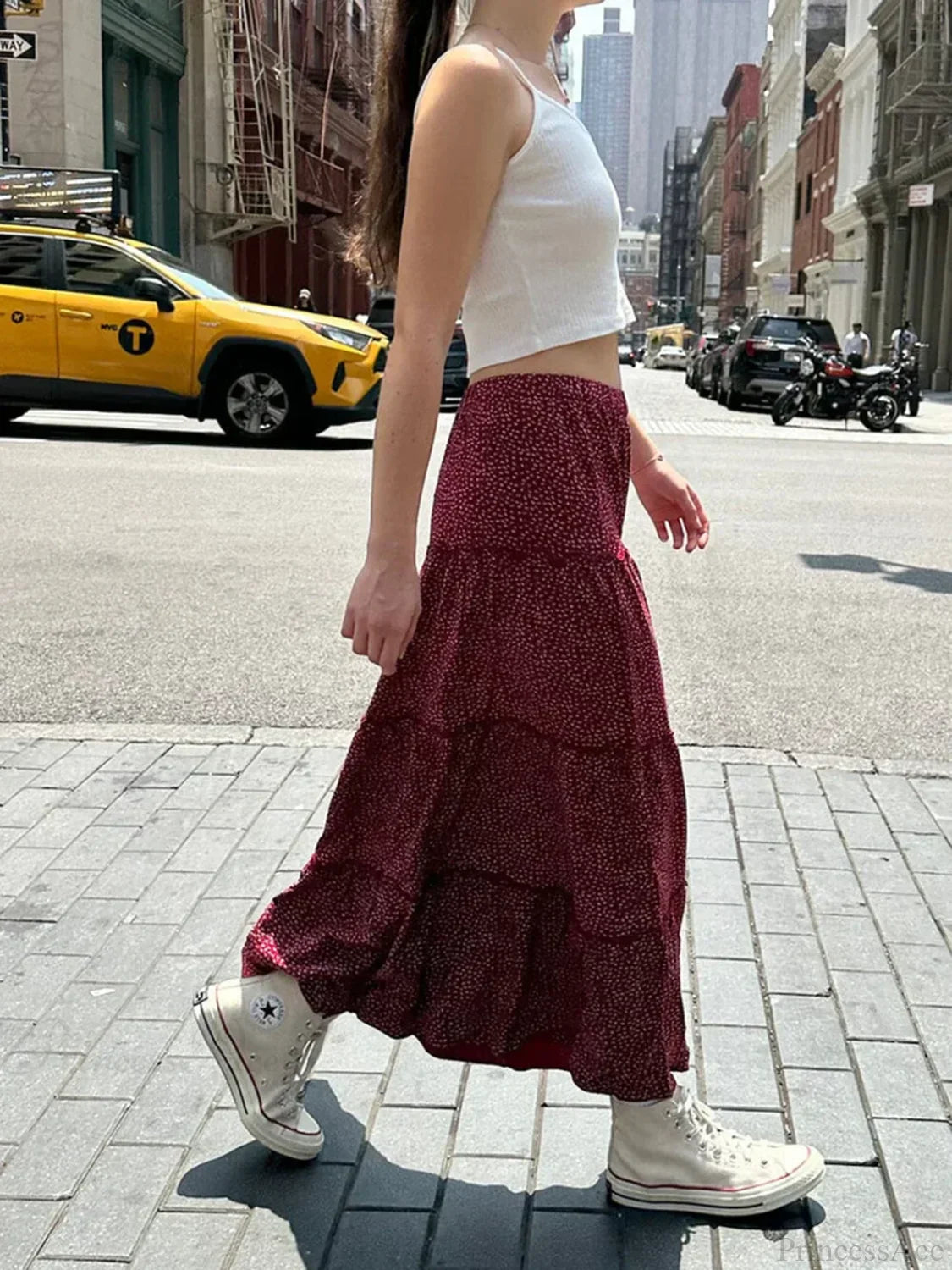 Ruffled Floral Red High Waist A-Line Skirt image 4
