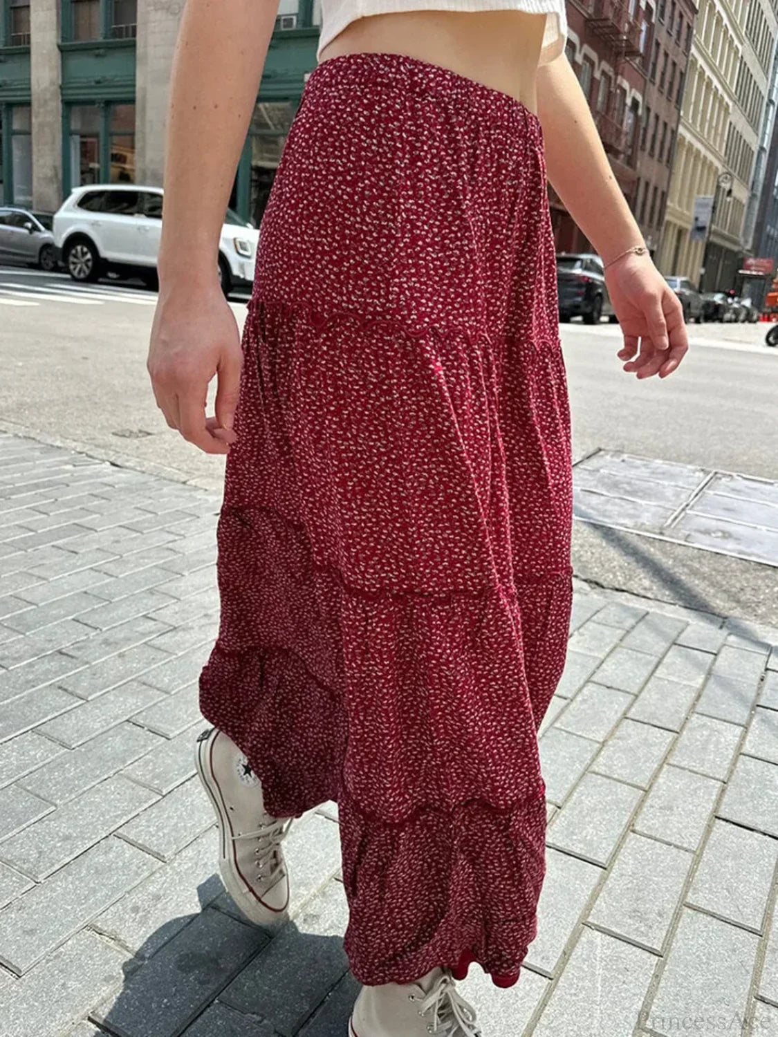 Ruffled Floral Red High Waist A-Line Skirt image 2