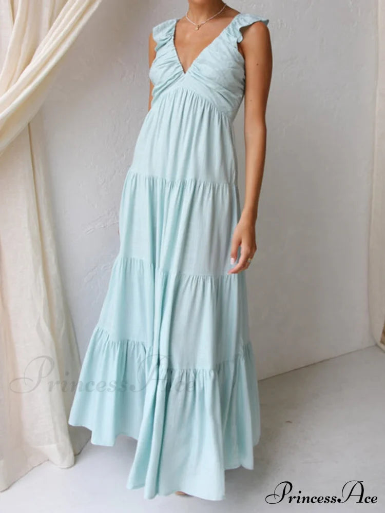 Ruffled Flying Sleeves Smocked Graceful Back Tiered Vacation Maxi Dress image 8