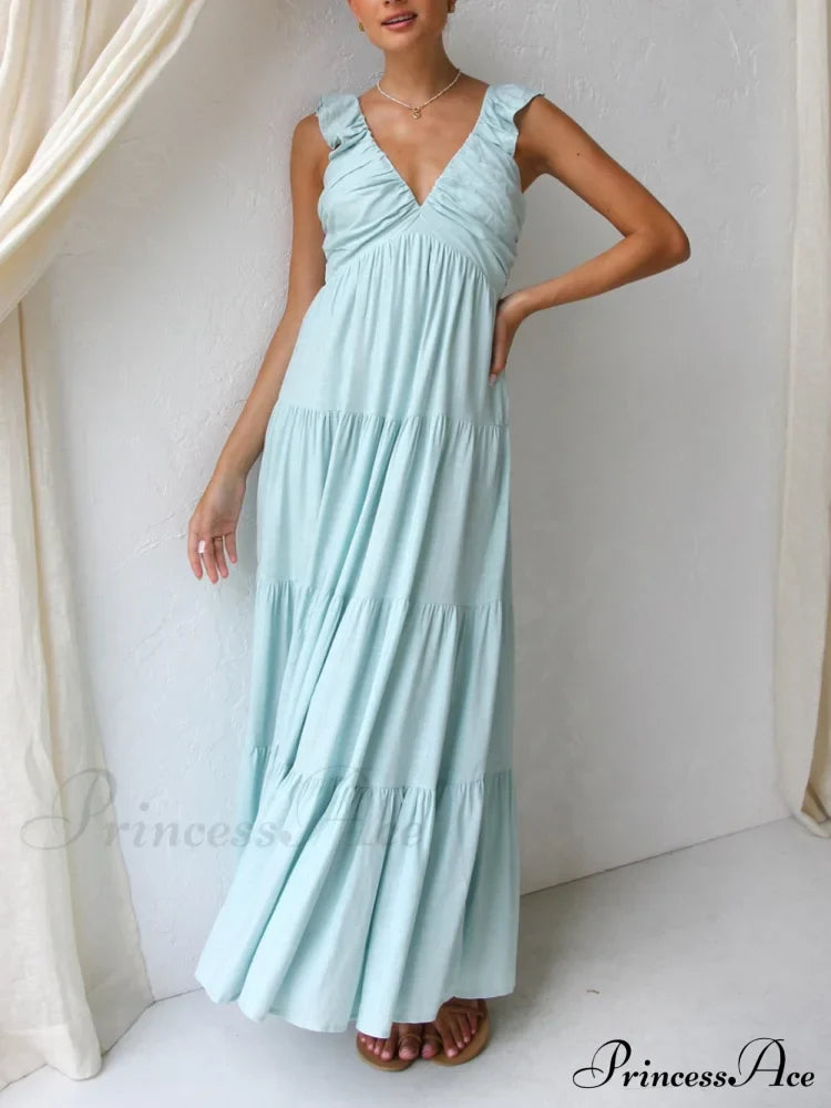 Ruffled Flying Sleeves Smocked Graceful Back Tiered Vacation Maxi Dress image 6