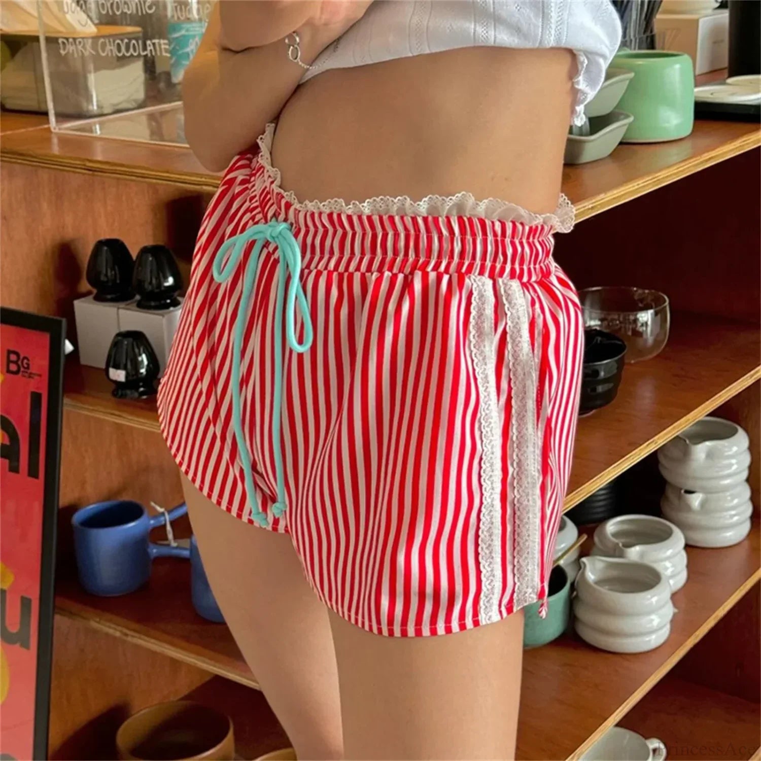 Ruffled Lace Trim Striped Short image 2