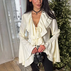 Ruffled Lace-Up V-neck Blouse image 1