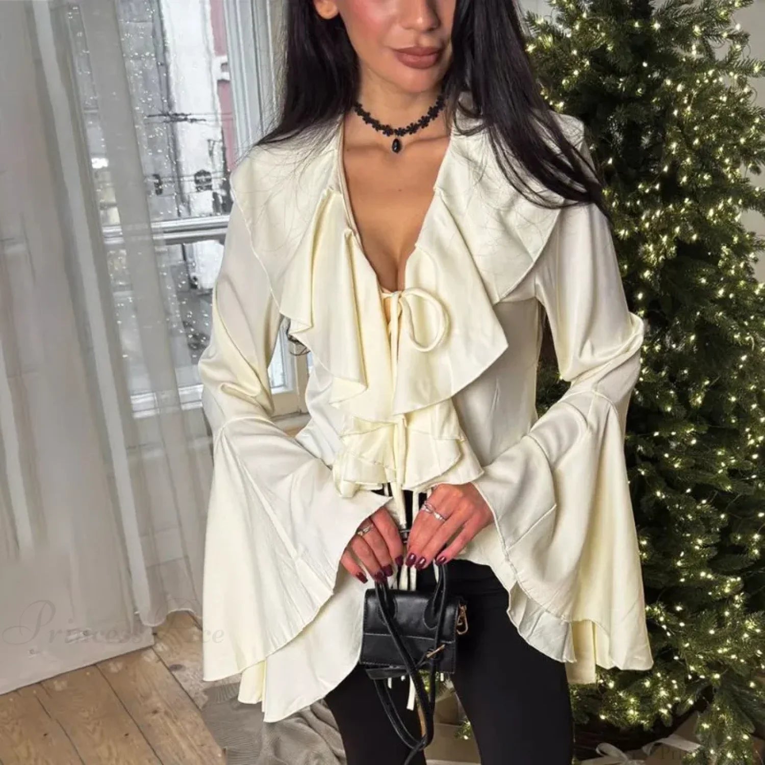Ruffled Lace-Up V-neck Blouse image 1