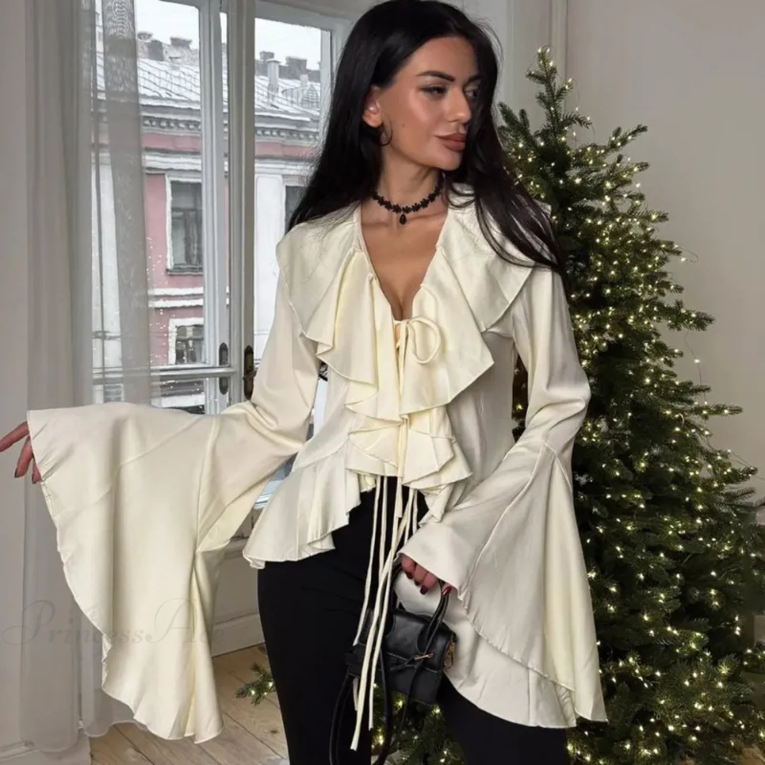 Ruffled Lace-Up V-neck Casual Long Sleeve Blouse image 4