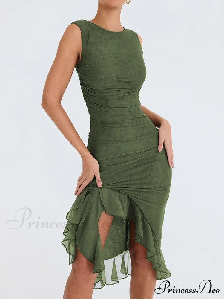 Ruffled Ruched Summer-ready Backless Sleeveless Irregular Sensual Midi Dress image 2