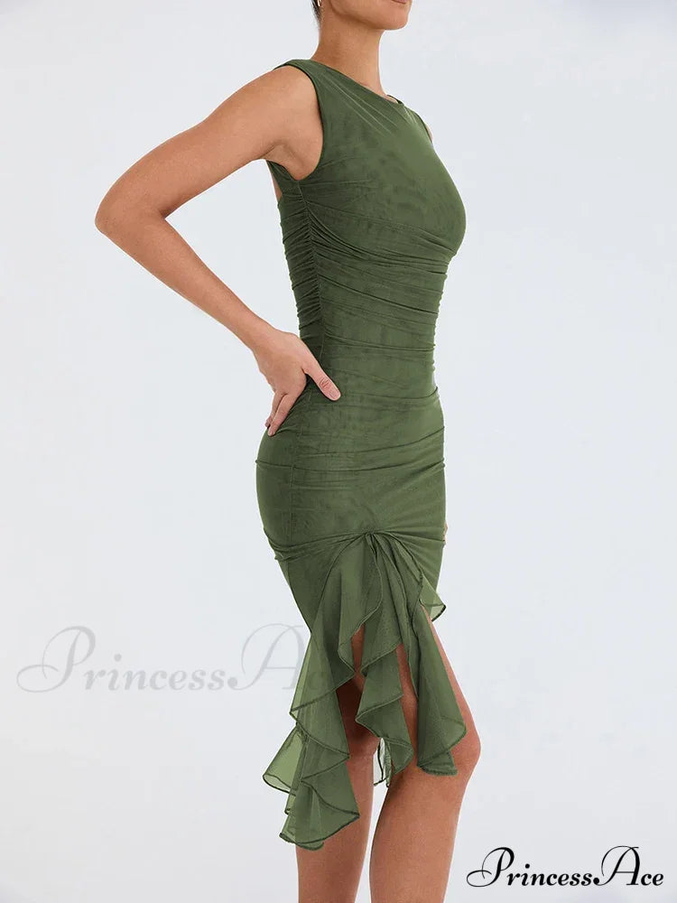 Ruffled Ruched Summer-ready Backless Sleeveless Irregular Sensual Midi Dress image 3