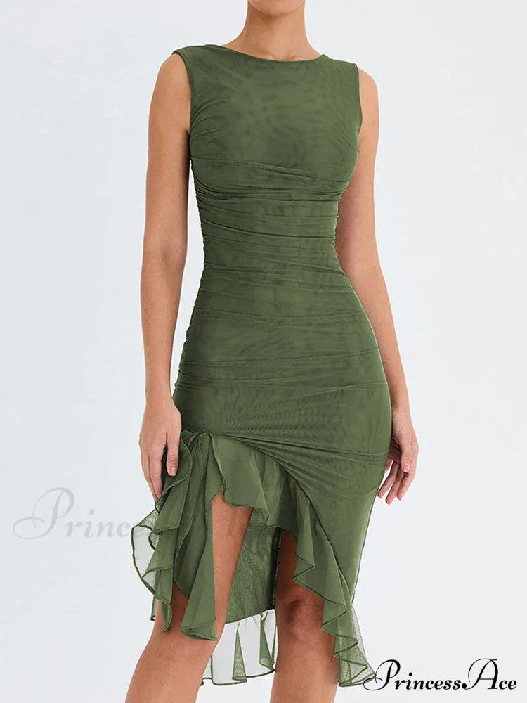 Ruffled Ruched Summer-ready Backless Sleeveless Irregular Sensual Midi Dress image 1