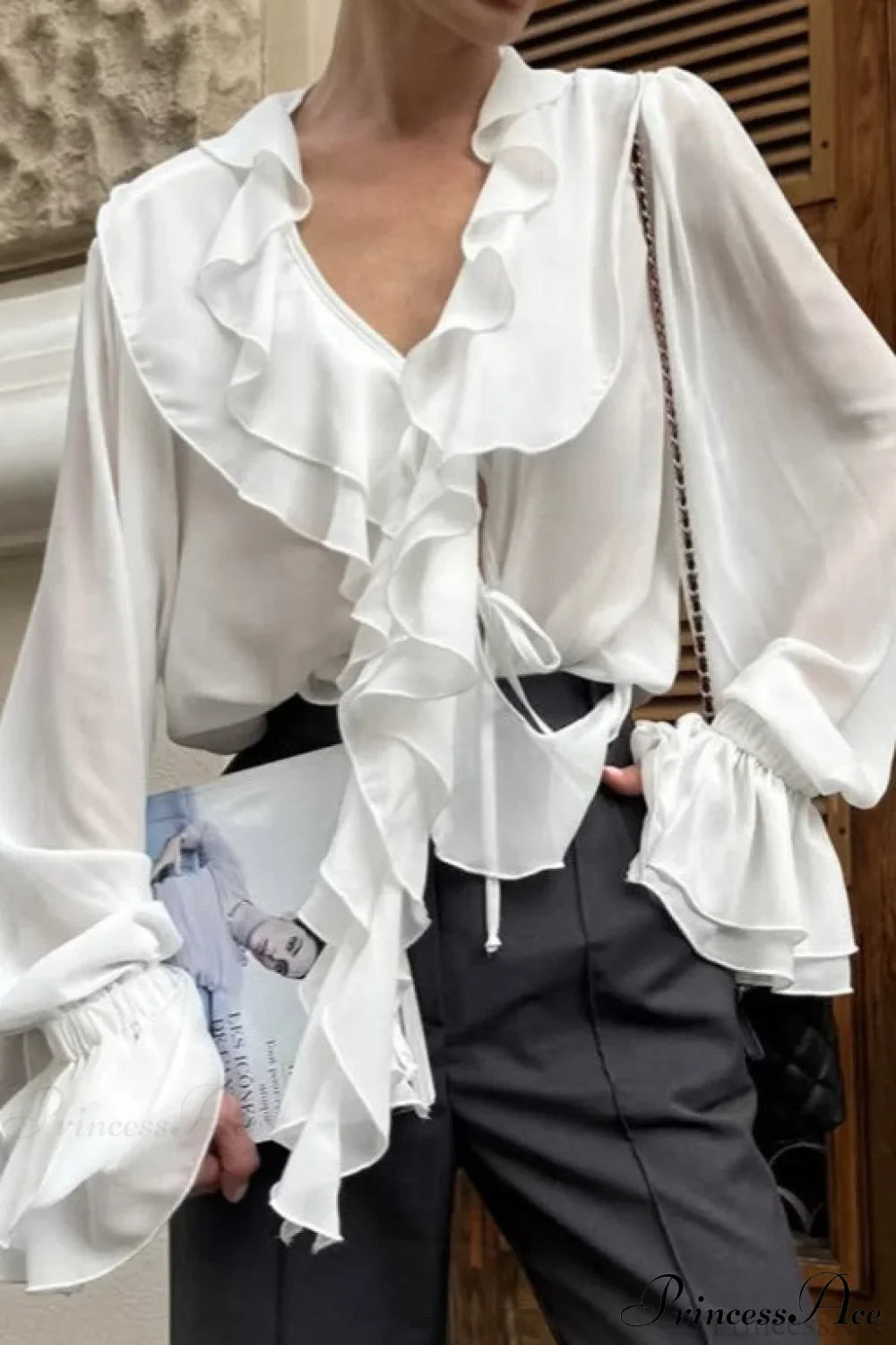 Ruffled V-Neck Long-Sleeve Tie-Waist French Blouse image 1