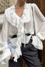 Ruffled V-Neck Long-Sleeve Tie-Waist French Blouse image 1