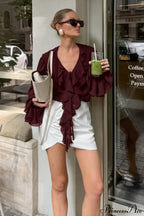 Ruffled V-Neck Long-Sleeve Tie-Waist French Blouse image 6