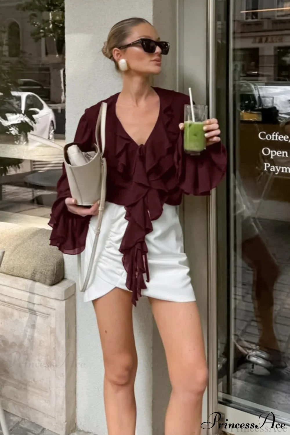 Ruffled V-Neck Long-Sleeve Tie-Waist French Blouse image 6