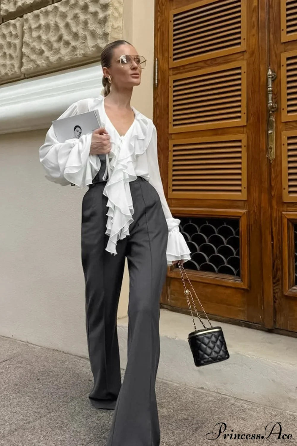 Ruffled V-Neck Long-Sleeve Tie-Waist French Blouse image 2