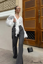 Ruffled V-Neck Long-Sleeve Tie-Waist French Blouse image 2