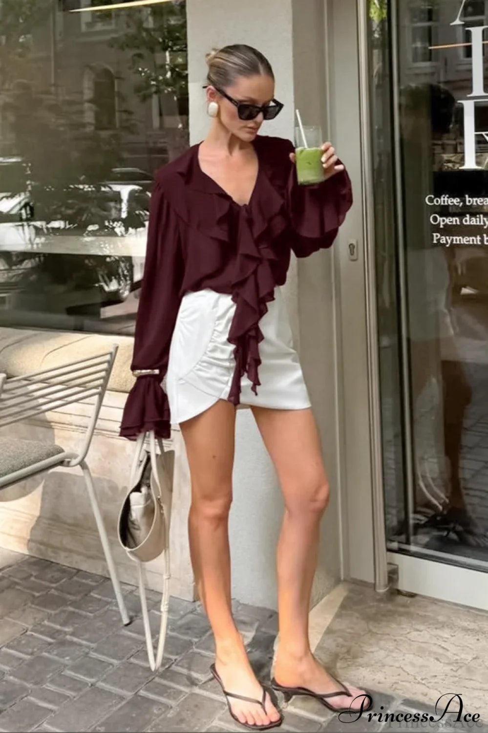 Ruffled V-Neck Long-Sleeve Tie-Waist French Blouse image 5