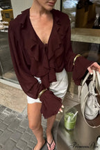 Ruffled V-Neck Long-Sleeve Tie-Waist French Blouse image 4