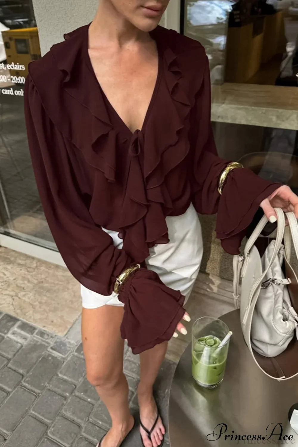 Ruffled V-Neck Long-Sleeve Tie-Waist French Blouse image 4