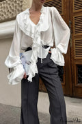 Ruffled V-Neck Long-Sleeve Tie-Waist French Blouse image 3